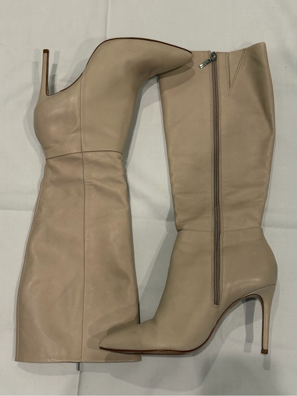 Shultz Mikki Stilleto Knee Length Leather Boots Ivory Beige Side Zip Women’s 8.5
